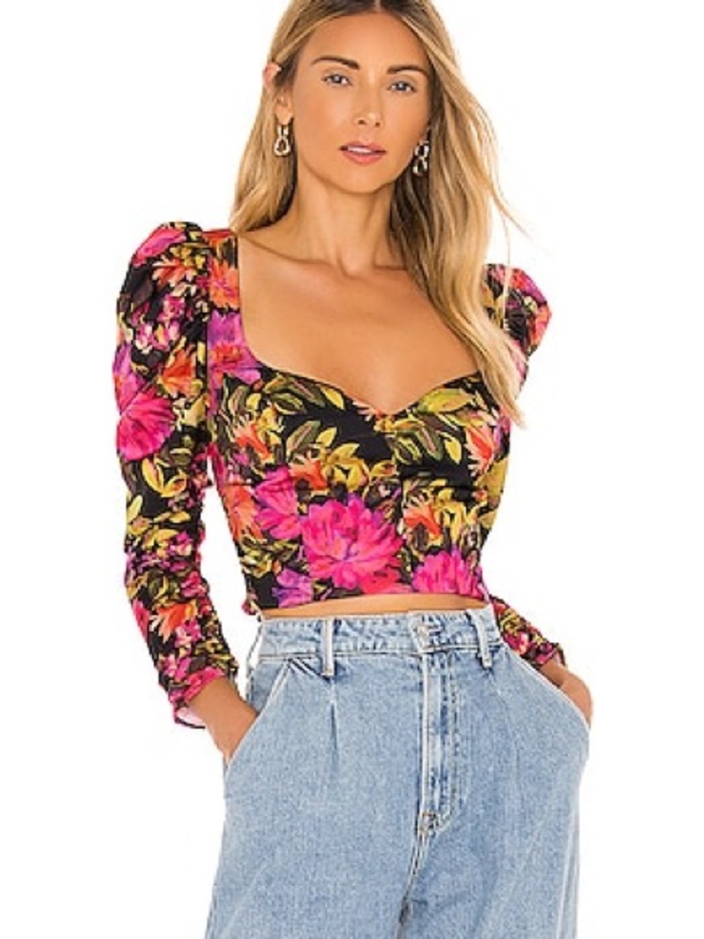 For Love And Lemons Black Floral Sweetheart Crop Top with Pink & Green Accents